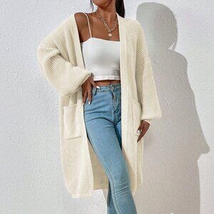 Beige Casual Women's Dual Pocket Drop Shoulder Open Front Cardigan